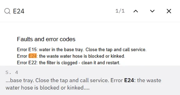 Echter Bildschirm: Die Suche nach E24 öffnet die Anleitung auf Seite 4, die Zeile zum Fehlercode E24 ist orange markiert.
