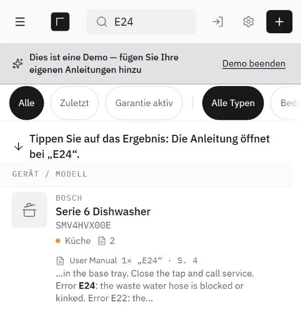 Bildschirm: Die Suche nach E24 findet den Fehlercode E24 auf Seite 4 der Anleitung eines Geschirrspülers.