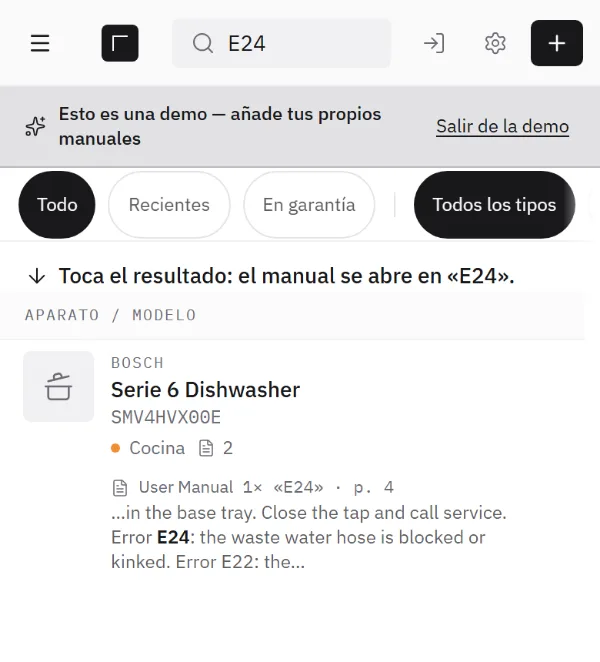 Pantalla: la búsqueda E24 encuentra el código de error E24 en la página 4 del manual de un lavavajillas.