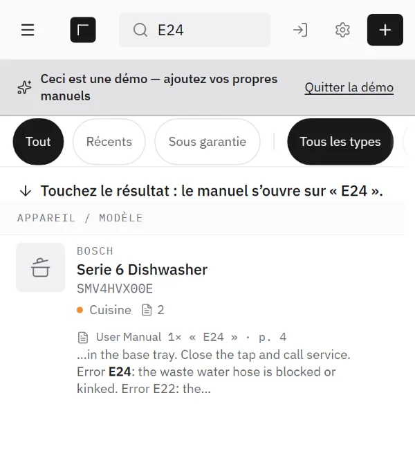 Écran : la recherche E24 trouve le code d’erreur E24 à la page 4 de la notice d’un lave-vaisselle.