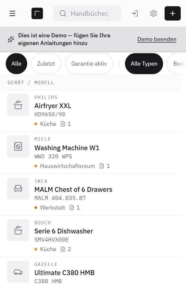 Bildschirm einer Bibliothek mit Geräten aus Küche, Hauswirtschaftsraum, Werkstatt und Garage.