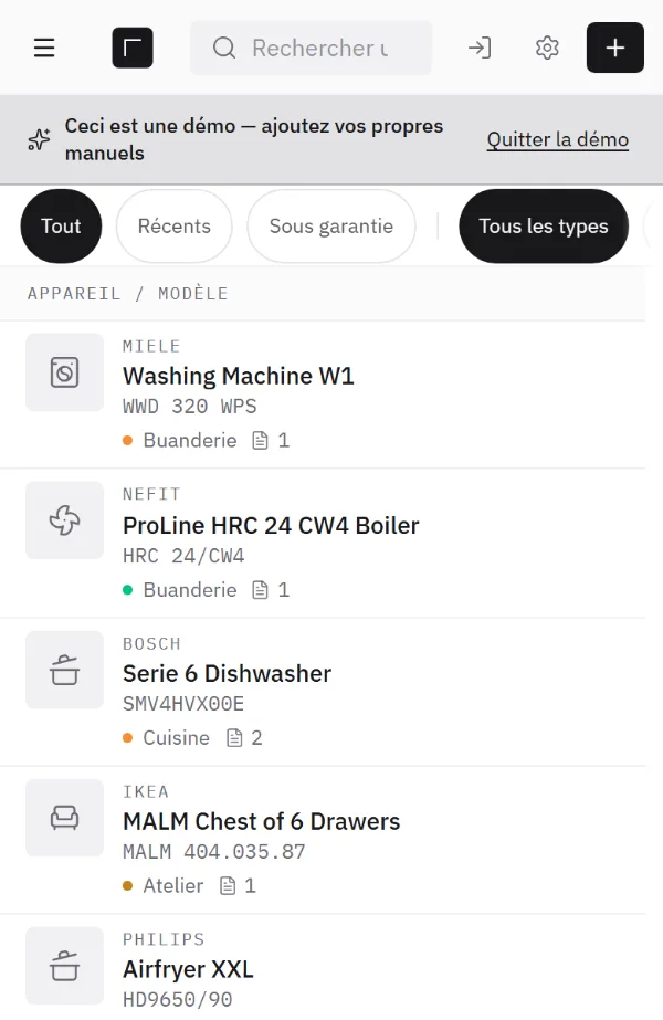 Écran d’une bibliothèque avec des appareils de la cuisine, de la buanderie, de l’atelier et du garage.