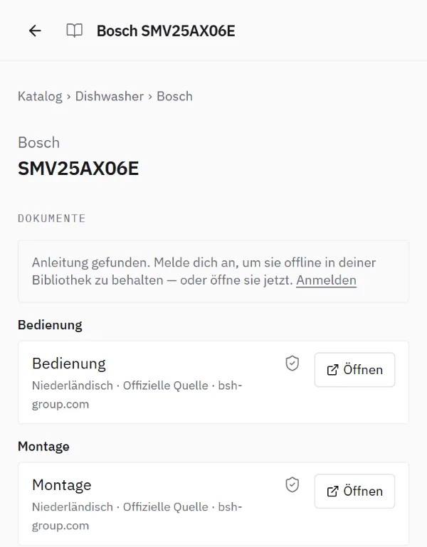 Bildschirm eines Produkts im Katalog: zwei Anleitungen, jeweils mit Sprache, dem Hinweis Offizielle Quelle und der Domain der Marke.