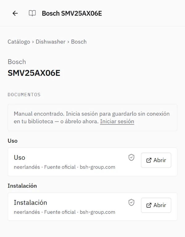 Pantalla de un producto en el catálogo: dos manuales, cada uno con su idioma, la indicación Fuente oficial y el dominio de la marca.