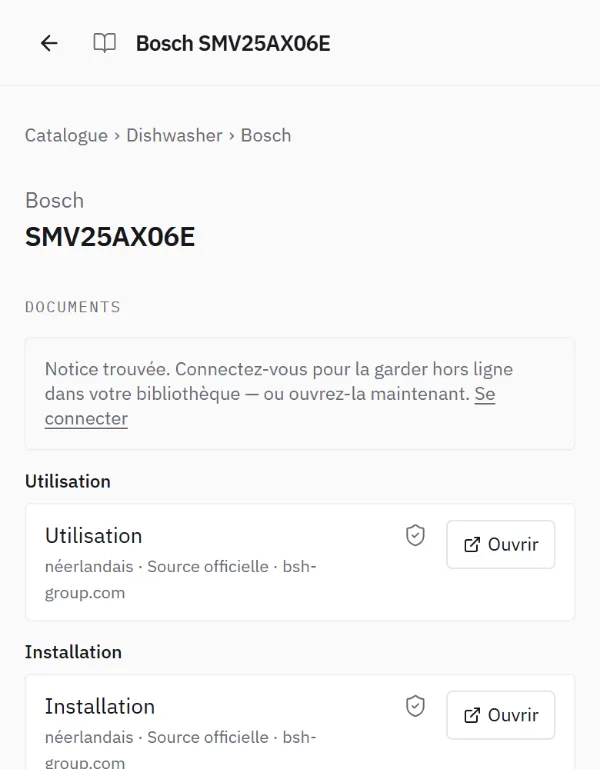 Écran d’un produit dans le catalogue : deux notices, chacune avec sa langue, la mention Source officielle et le domaine de la marque.