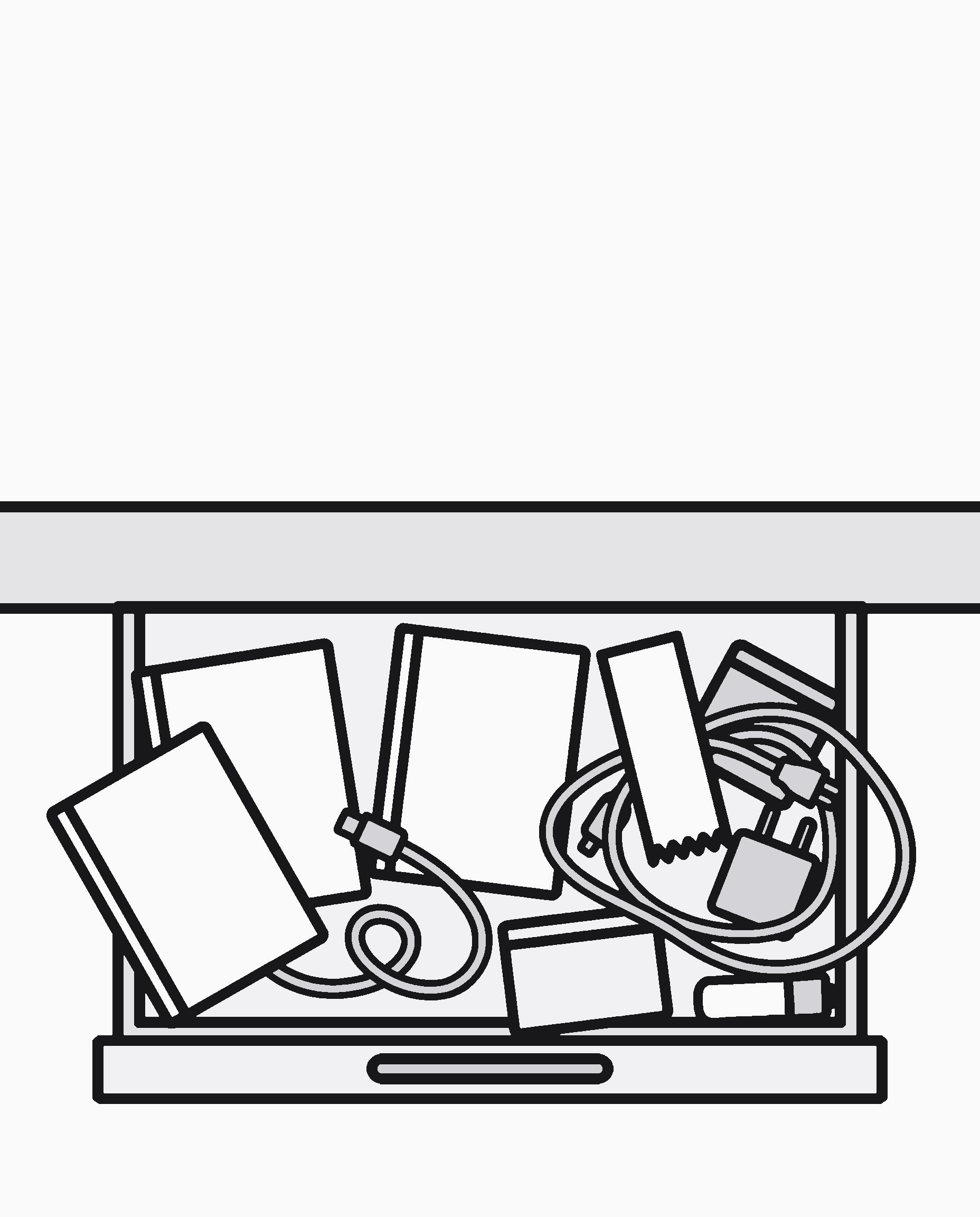 Dessin au trait d’un tiroir ouvert rempli de livrets, d’un ticket de caisse, de câbles et d’un chargeur.